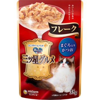 은수저 삼스타 그루메 파우치 플레이크 참치 함유 가다랑어 35g 유니참 펫케어