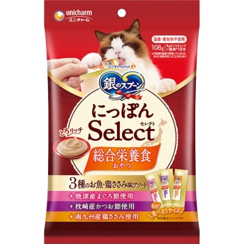 은수저 간식 니혼 Select 종합영양식 진한 리치 3종 생선·닭가슴살 맛 어소트 참치&가다랑어&닭가슴살 사용 6g×18개 유니참 펫케어