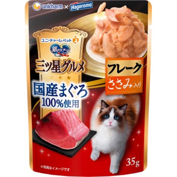 은수저 삼스타 그루메 파우치 국산 프리미엄 사치스러운 플레이크 국산 천연 참치 100% 닭 안심 함유 35g 유니참 펫케어