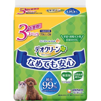 데오 클린 순수 99% 웨트 티슈 리필 70매 3개 팩 유니참 펫케어