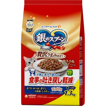 은수저 풍성한 감칠맛 식사 역류 예방 사료 참치·가다랑어·멸치·흰살생선·잔멸치 함유 1.3kg 유니참 펫케어