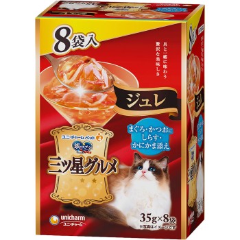 은수저 별미 그루메 파우치 젤리 참치·가다랑어에 잔멸치·게맛살 토핑 35g×8P 유니참 펫케어