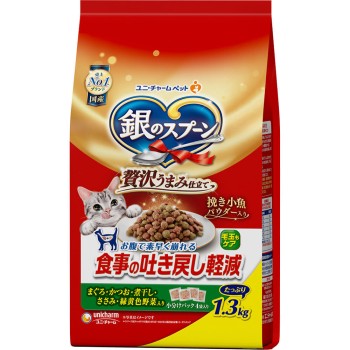 은 숟가락 사치스러운 풍미로 만든 식사 구토 저감 사료 참치·가다랑어·멸치·안심살·녹황색 야채 포함 1.3kg 유니참 펫케어