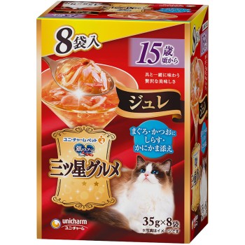 은수저 삼스타 그루메 파우치 주레 15세부터 참치·가다랑어에 실치·게 맛살 곁들임 35g 8P 유니참 펫케어