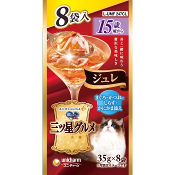 은수저 삼스타 그루메 파우치 주레 15세부터 참치·가다랑어에 실치·게 맛살 곁들임 35g 8P 유니참 펫케어