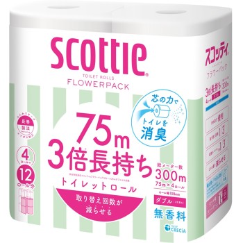 스코티 화장지 3배 감기 W 소취 75m 4롤 일본 제지 크레시아