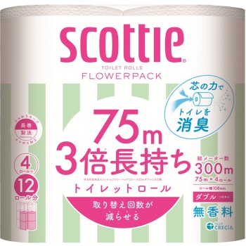 스코티 화장지 3배 감기 W 소취 75m 4롤 일본 제지 크레시아