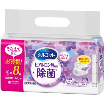 【특가】실코트 알코올 제균 보습성분 히알루론산 배합 알코올 타입 리필 40매×8 유니참