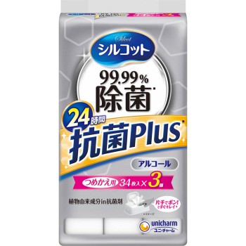 실코트 99.99% 제균 항균 플러스 웨트 티슈 알코올 타입 리필 34매×3 유니참