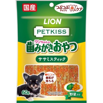 PETKISS 알갱이 칩으로 치아 케어 뜯어지는 닭가슴살 스틱 야채 포함 60g 라이온상사
